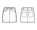 Denim skirt technical fashion illustration with mini length, low waist rise, curved and angled pockets. Flat bottom