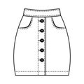 Denim skirt women`s, technical drawing. Mini skirt isolated on a white background. Fashion women jeans clothes