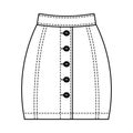 Denim skirt women`s, technical drawing. Mini skirt isolated on a white background. Fashion women jeans clothes