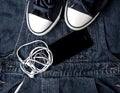 denim sneakers and gadgets