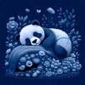 Denim textured tapestry little sleeping panda seamless pattern. Embroidery cute panda tropical floral background illustration.