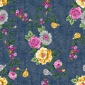 Seamless flower pattern on denim  textures  background Royalty Free Stock Photo