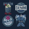 Denim theme labels with rose, butterfly, money Royalty Free Stock Photo