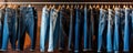 Denim trausers hanging on rack wide banner Royalty Free Stock Photo