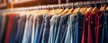 Denim trausers hanging on rack wide banner Royalty Free Stock Photo