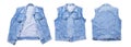 Denim vest set, set of denim vest, jeans vest front back view. Folded Vest isolated on white background copy space