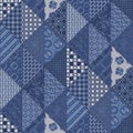 Denim western blue patchwork triangle woven texture. Indigo vintage wash printed cotton textile effect. Patched jean Royalty Free Stock Photo