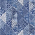 Denim western blue patchwork triangle woven texture. Indigo vintage wash printed cotton textile effect. Patched jean