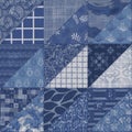 Denim western blue patchwork triangle woven texture. Indigo vintage wash printed cotton textile effect. Patched jean Royalty Free Stock Photo