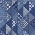 Denim western blue patchwork triangle woven texture. Indigo vintage wash printed cotton textile effect. Patched jean