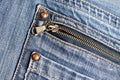 Denim. Zipper on the pocket of blue jeans Royalty Free Stock Photo