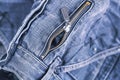 A denim blue jean closeup. View of old jeans details with zipper. Denim background Royalty Free Stock Photo