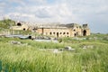 Beautiful Roman ancient ruins of hierapolis Pamukkale with meadow field