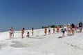 Denizli, Turkey. - July 20.2019. Tourists walk on a snow-white terraces at Pamukkale