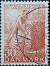 DENMARK - CIRCA 1958: A postage stamp from Denmark showing a farmer mowing grain manually. Text: Danish Veterinary and Agricultura