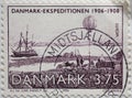 Denmark - CIRCA 1994: A postage stamp printed in Denmark with a drawing of the Expedition to Greenland`s Northeast Coast around 1