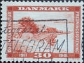 DENMARK - CIRCA 1961: A postage stamp from Denmark showing the south coast of the island of Funen. Text: Society for Nature Conser