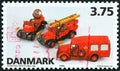 DENMARK - CIRCA 1995: A stamp printed in Denmark from the `Danish Toys ` issue shows TEKNO Model Vehicles, circa 1995. Royalty Free Stock Photo