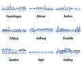 Denmark main cities cityscapes in tints of blue color palette. Crystal aesthetics style