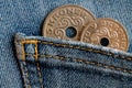 Denmark coins denomination is five and two krone (crown) in the pocket of blue worn denim jeans Royalty Free Stock Photo