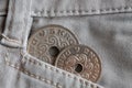 Denmark coins denomination is five and two krone (crown) in the pocket of old beige denim jeans Royalty Free Stock Photo