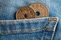Denmark coins denomination is 5 and 2 krone crown in the pocket of old blue worn denim jeans Royalty Free Stock Photo