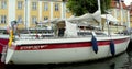Denmark, Copenhagen, Overgaden Oven Vandet, sailing yacht near the pier