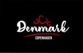 Denmark country on black background with red love heart and its capital Copenhagen