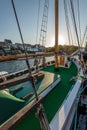 Two master ketch, with green deck, wooden booms, and ropes Royalty Free Stock Photo