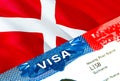 Denmark immigration visa. Closeup Visa to Denmark focusing on word VISA, 3D rendering. Travel or migration to Denmark destination Royalty Free Stock Photo