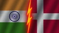 Denmark and India Flags Together, Fabric Texture, Thunder Icon, 3D Illustration