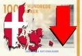 Denmark map on Danish krone money background with red arrow down