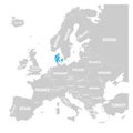 Denmark marked by blue in grey political map of Europe. Vector illustration Royalty Free Stock Photo