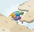 Denmark provinces isometric map colored by regions with largest cities on it. Neighbouring countries on background Royalty Free Stock Photo