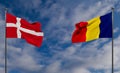 Denmark and Romania flags. Blue sky flag Denmark and flag Romania. 3D work and 3D image