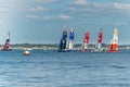 International sailing competition using high performance F50 foiIing catamarans. great britain. team. Aarhus, Denmark, 18.August.