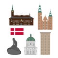 Denmark set of landmark icons in flat style. Copenhagen City sights. Danish architecture design elements.