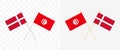 Denmark and Tunisia crossed flags. Pennon angle 28 degrees. Options with different shapes and colors of flagpoles - silver and