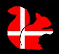 Denmark vector flag over squirrel silhouette illustration isolated on black background.