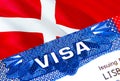 Denmark Visa in passport. USA immigration Visa for Denmark citizens focusing on word VISA. Travel Denmark visa in national Royalty Free Stock Photo