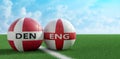 Denmark vs. England Soccer Match - Leather balls in Denmark and England national colors.