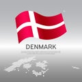 Denmark wavy flag and mosaic map on light background. Creative background for denmark national poster. Vector design. Business Royalty Free Stock Photo