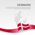 Denmark wavy flag and mosaic map on white background. Denmark flag color wavy ribbon. National poster design. State danish