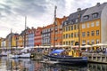 Denmark - Zealand region - Copenhagen city center - panoramic view of the Nyhavn district with boats and tenement houses along the