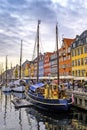 Denmark - Zealand region - Copenhagen city center - panoramic view of the Nyhavn district with boats and tenement houses along the Royalty Free Stock Photo