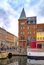 Denmark - Zealand region - Copenhagen city center - panoramic view of the Nyhavn district with Seamans Church, boats and tenement Royalty Free Stock Photo