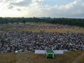 DENPASAR, BALI/INDONESIA-JUNE 05 2019: The view from the air of the Eid al-Fitr prayer in 2019 at Puputan Renon field. Eid prayers