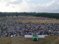 DENPASAR, BALI/INDONESIA-JUNE 05 2019: The view from the air of the Eid al-Fitr prayer in 2019 at Puputan Renon field. Eid prayers