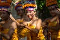 DENPASAR.BALI/INDONESIA-MAY 11 2019: Some beautiful Balinese young girls perform of Rejang Dance during Saraswati Day of Hindu`s c