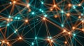Dense abstract network of glowing orange and cyan nodes and connecting lines on a dark background Keywords: network Royalty Free Stock Photo